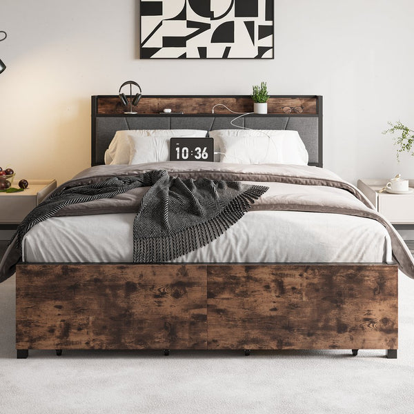 English Elm Queen Platform Bed Frame with Storage Headboard, USB Charging Stations, 2 Drawers, Sturdy 500lb Support W840137808