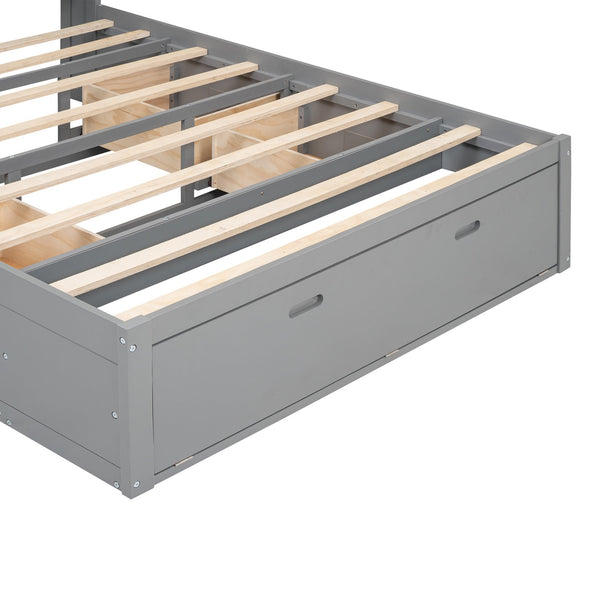 English Elm Wood Queen Size Platform Bed with Storage Headboard, 4 Drawers and Shoe Rack, Sturdy Timber Design Gray GX000379AAE