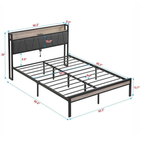 English Elm Queen Upholstered Platform Bed Steel Frame Usb Charging Under Bed Storage Modern W311133408