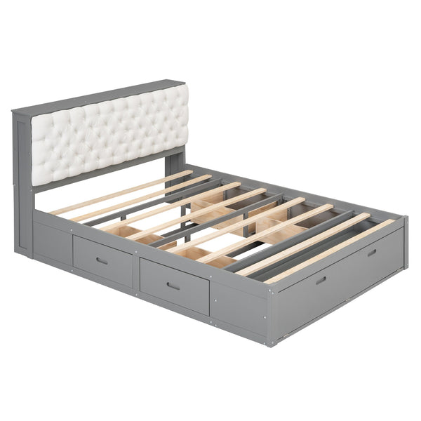 English Elm Wood Queen Size Platform Bed with Storage Headboard, 4 Drawers and Shoe Rack, Sturdy Timber Design Gray GX000379AAE