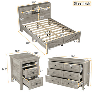 English Elm 3-Pieces Bedroom Set Full Size Farmhouse Platform Bed with Storage Headboard, Nightstand & Dresser Antique Gray 46.25 L x 9.25 W x 9 H N733S369037G