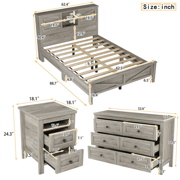 English Elm 3-Pieces Bedroom Set Full Size Farmhouse Platform Bed with Storage Headboard, Nightstand & Dresser Antique Gray 46.25 L x 9.25 W x 9 H N733S369037G