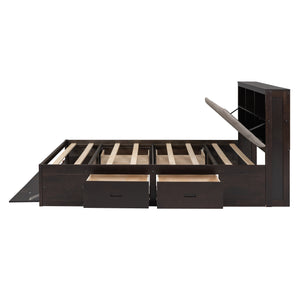 English Elm Wood Queen Size Platform Bed with Storage Headboard, 4 Drawers and Shoe Rack, Sturdy Timber Design Espresso GX000379AAD