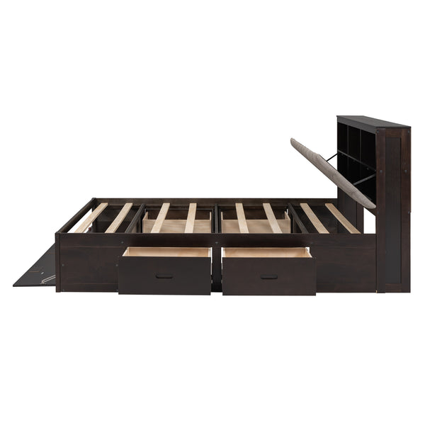 English Elm Wood Queen Size Platform Bed with Storage Headboard, 4 Drawers and Shoe Rack, Sturdy Timber Design Espresso GX000379AAD