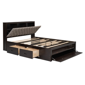 English Elm Wood Queen Size Platform Bed with Storage Headboard, 4 Drawers and Shoe Rack, Sturdy Timber Design Espresso GX000379AAD