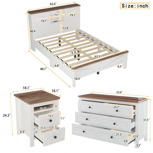 English Elm 3-Pieces Bedroom Set Full Size Farmhouse Platform Bed with Storage Headboard, Nightstand & Dresser White 46.25 L x 9.25 W x 9 H N733S369037K