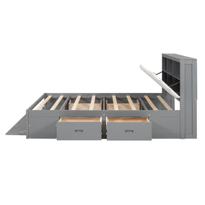 English Elm Wood Queen Size Platform Bed with Storage Headboard, 4 Drawers and Shoe Rack, Sturdy Timber Design Gray GX000379AAE