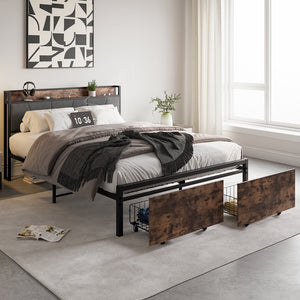 English Elm Queen Platform Bed Frame with Storage Headboard, USB Charging Stations, 2 Drawers, Sturdy 500lb Support W840137808