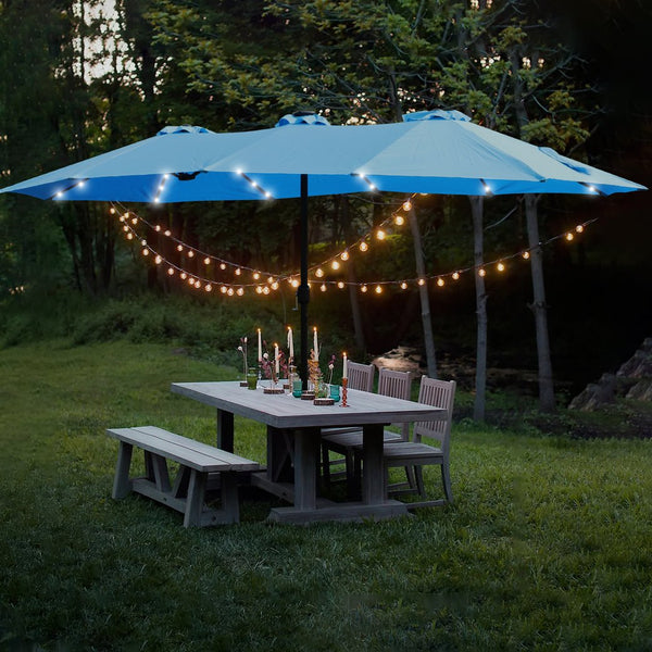 English Elm 15x9ft Double-Sided Rectangular Patio Umbrella with 48 LED Lights, Crank Lift, UV50+ Weatherproof Design Blue W419P145384