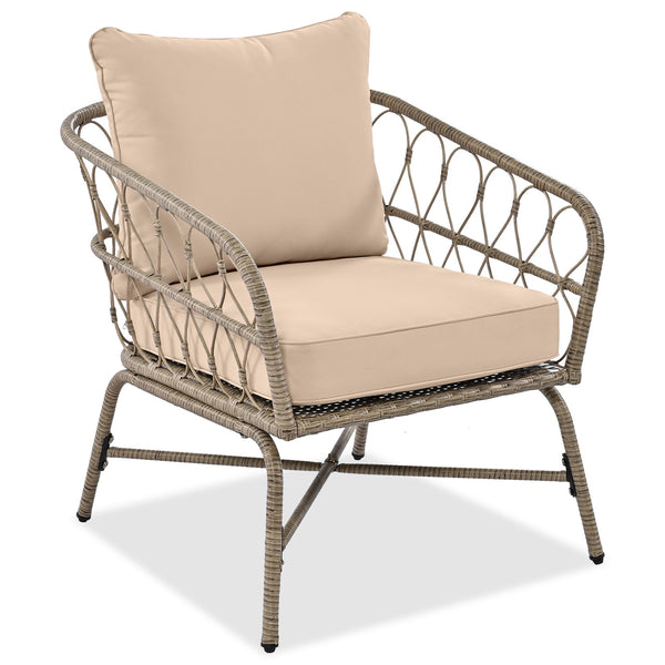 English Elm GO Bohemia woven 4-person patio conversation set with removable water-resistant cushions, oval acacia tabletop and adjustable feet for comfy, stylish outdoor lounging FG201236AAA