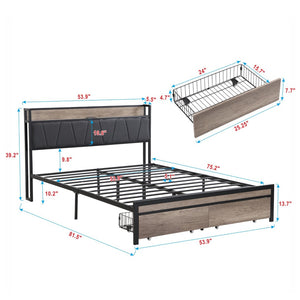English Elm Full Size Upholstered Platform Bed Steel Frame Usb Port and Under Storage Bedroom W311133404