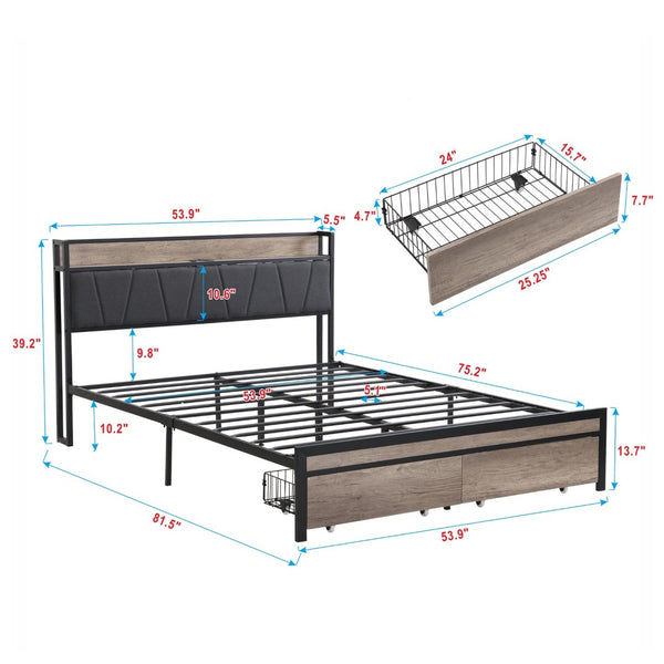 English Elm Full Size Upholstered Platform Bed Steel Frame Usb Port and Under Storage Bedroom W311133404