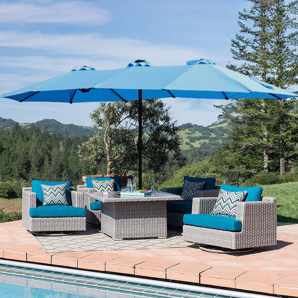 English Elm 15x9ft Double-Sided Rectangular Patio Umbrella with 48 LED Lights, Crank Lift, UV50+ Weatherproof Design Blue W419P145384