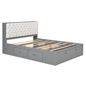 English Elm Wood Queen Size Platform Bed with Storage Headboard, 4 Drawers and Shoe Rack, Sturdy Timber Design Gray GX000379AAE