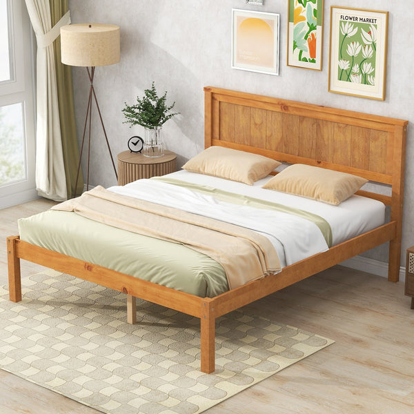 English Elm Platform Full Bed Frame with Headboard — Rustic-Modern Pine & MDF Slatted Support, No Box Spring Needed, Sturdy Oak WF212812AAN