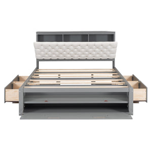 English Elm Wood Queen Size Platform Bed with Storage Headboard, 4 Drawers and Shoe Rack, Sturdy Timber Design Gray GX000379AAE