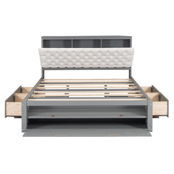 English Elm Wood Queen Size Platform Bed with Storage Headboard, 4 Drawers and Shoe Rack, Sturdy Timber Design Gray GX000379AAE