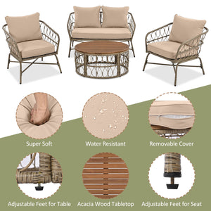 English Elm GO Bohemia woven 4-person patio conversation set with removable water-resistant cushions, oval acacia tabletop and adjustable feet for comfy, stylish outdoor lounging FG201236AAA