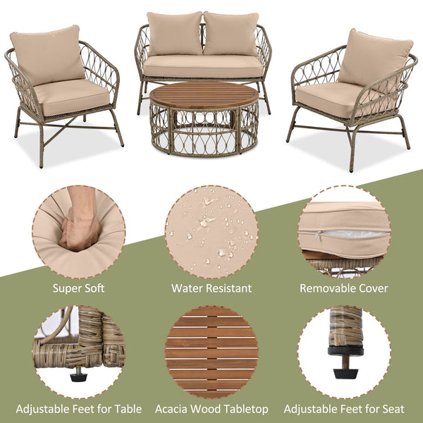 English Elm GO Bohemia woven 4-person patio conversation set with removable water-resistant cushions, oval acacia tabletop and adjustable feet for comfy, stylish outdoor lounging FG201236AAA