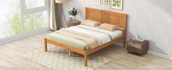English Elm Platform Full Bed Frame with Headboard — Rustic-Modern Pine & MDF Slatted Support, No Box Spring Needed, Sturdy Oak WF212812AAN