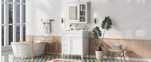English Elm 30'' Modern Bathroom Vanity with Integrated Mirror Cabinet, Ceramic Sink, 3 Drawers & Ample Storage White SW000126AAK-1
