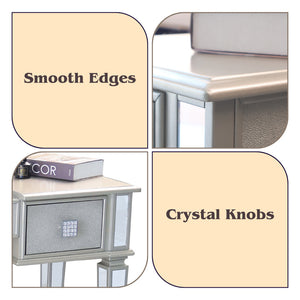 English Elm Mirrored Vanity Desk with Drawers, Silver Flip-Up Makeup Table Set with Stool, Crystal Knobs, Storage W2170140324