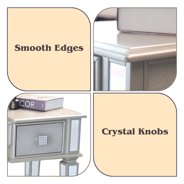 English Elm Mirrored Vanity Desk with Drawers, Silver Flip-Up Makeup Table Set with Stool, Crystal Knobs, Storage W2170140324