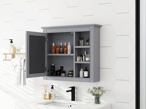 English Elm 30'' Modern Medicine Cabinet Wall Mirror with Hidden Storage and Adjustable Open Shelves for Bath Grey WF318452AAE