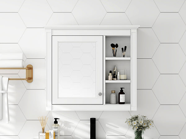 English Elm 30'' Modern Medicine Cabinet Wall Mirror with Hidden Storage and Adjustable Open Shelves for Bath White WF318452AAK