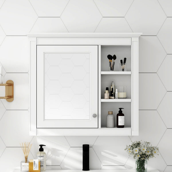 English Elm 30'' Modern Medicine Cabinet Wall Mirror with Hidden Storage and Adjustable Open Shelves for Bath White WF318452AAK