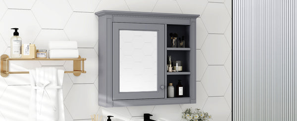 English Elm 30'' Modern Medicine Cabinet Wall Mirror with Hidden Storage and Adjustable Open Shelves for Bath Grey WF318452AAE