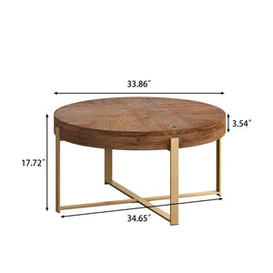 English Elm 33.86"Modern Retro Splicing Round Coffee Table with Fir Wood Top & Gold Cross Legs—Stylish Storage W757127348