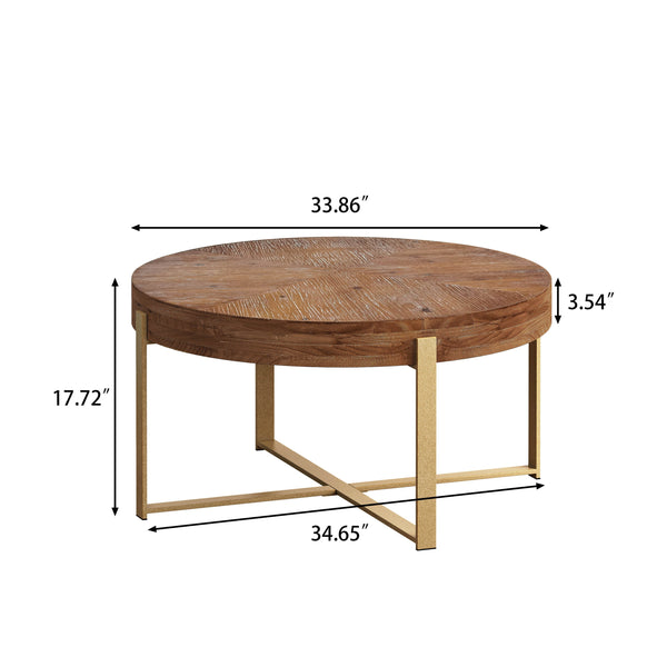 English Elm 33.86"Modern Retro Splicing Round Coffee Table with Fir Wood Top & Gold Cross Legs—Stylish Storage W757127348