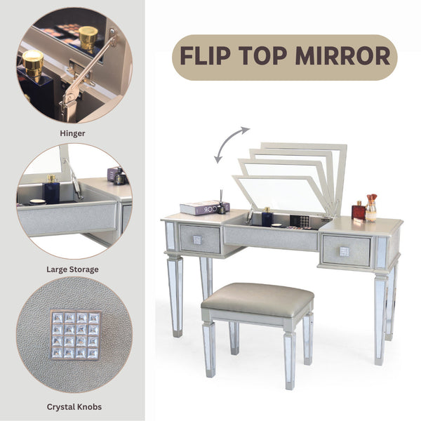 English Elm Mirrored Vanity Desk with Drawers, Silver Flip-Up Makeup Table Set with Stool, Crystal Knobs, Storage W2170140324