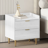Wooden Nightstand with 2 Drawers and Marbling Worktop, Mordern Wood Bedside Table with Metal Legs&Handles, White