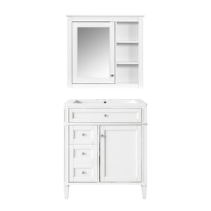 English Elm 30'' Modern Bathroom Vanity with Integrated Mirror Cabinet, Ceramic Sink, 3 Drawers & Ample Storage White SW000126AAK-1