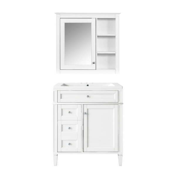 English Elm 30'' Modern Bathroom Vanity with Integrated Mirror Cabinet, Ceramic Sink, 3 Drawers & Ample Storage White SW000126AAK-1