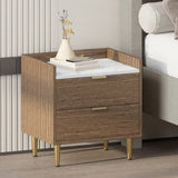 Wooden Nightstand with 2 Drawers and Marbling Worktop, Mordern Wood Bedside Table with Metal Legs&Handles