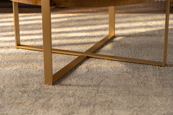 English Elm 33.86"Modern Retro Splicing Round Coffee Table with Fir Wood Top & Gold Cross Legs—Stylish Storage W757127348