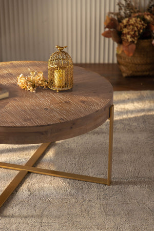 English Elm 33.86"Modern Retro Splicing Round Coffee Table with Fir Wood Top & Gold Cross Legs—Stylish Storage W757127348