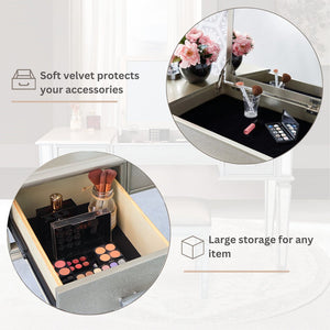English Elm Mirrored Vanity Desk with Drawers and Flip-Up Mirror, Silver PU Stool, Crystal Knobs, Storage Elegance W2170P209976