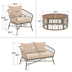 English Elm GO Bohemia woven 4-person patio conversation set with removable water-resistant cushions, oval acacia tabletop and adjustable feet for comfy, stylish outdoor lounging FG201236AAA