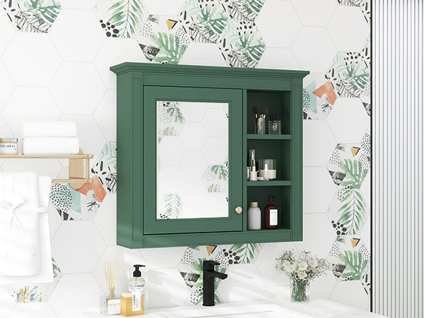 English Elm 30'' Modern Medicine Cabinet Wall Mirror with Hidden Storage and Adjustable Open Shelves for Bath Green WF318452AAF