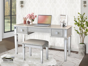 English Elm Mirrored Vanity Desk with Drawers, Silver Flip-Up Makeup Table Set with Stool, Crystal Knobs, Storage W2170140324