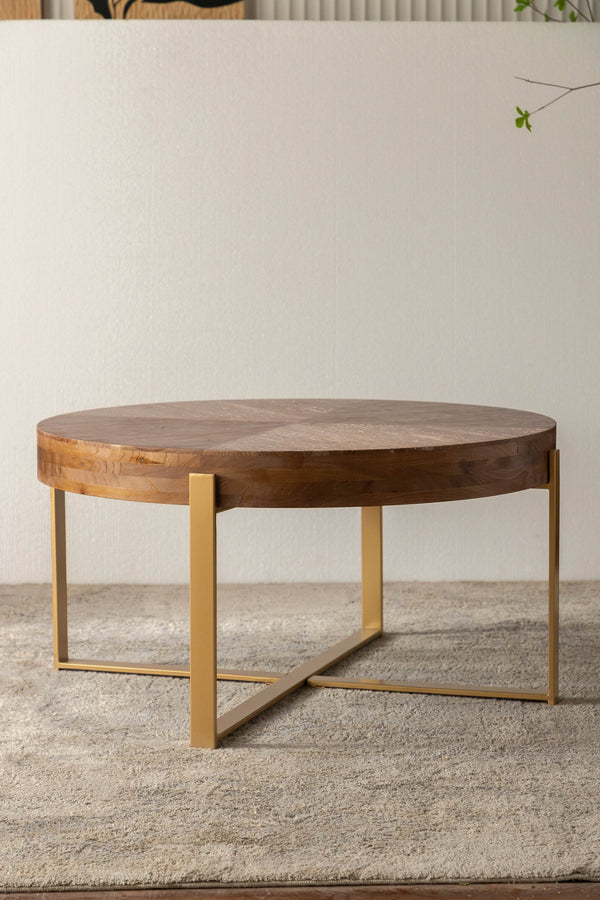 English Elm 33.86"Modern Retro Splicing Round Coffee Table with Fir Wood Top & Gold Cross Legs—Stylish Storage W757127348