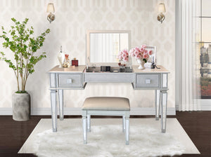 English Elm Mirrored Vanity Desk with Drawers, Silver Flip-Up Makeup Table Set with Stool, Crystal Knobs, Storage W2170140324