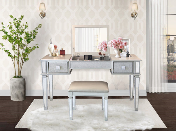 English Elm Mirrored Vanity Desk with Drawers, Silver Flip-Up Makeup Table Set with Stool, Crystal Knobs, Storage W2170140324
