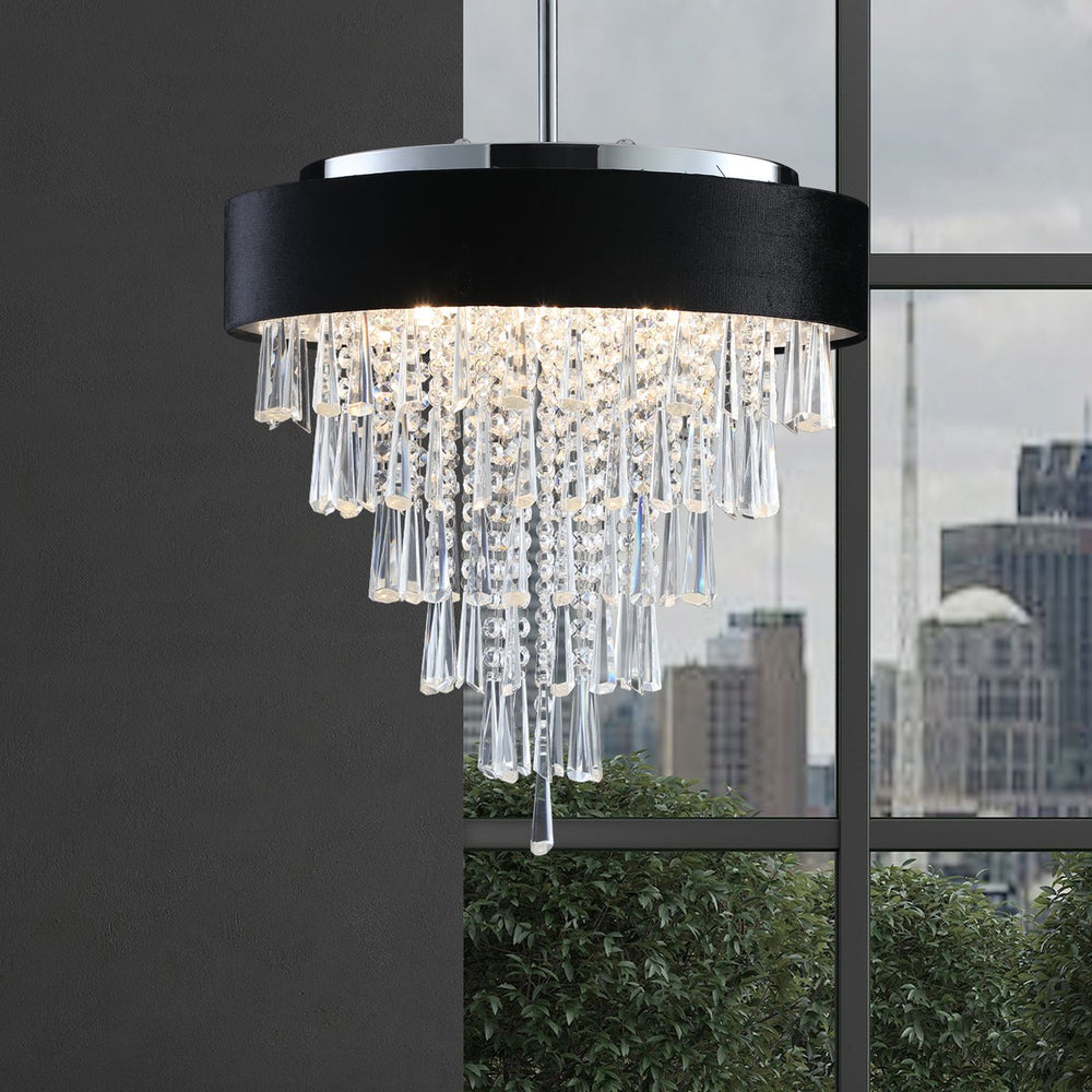 English Elm 18-inch Modern Crystal Chandelier with Black Velvet Shade, Adjustable Height, 8-Light G9 Elegance W1340120175