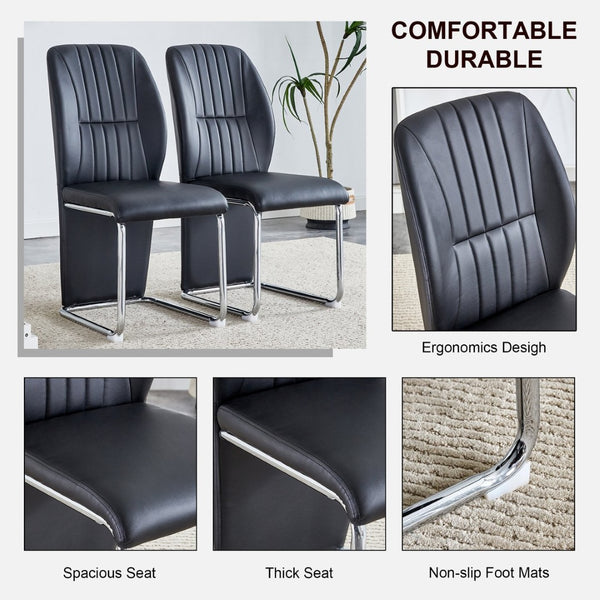 English Elm 2-pack Black Pu Leather Dining Chairs with Angled Silver Metal Legs Modern Set Black+Silver W1151P303600