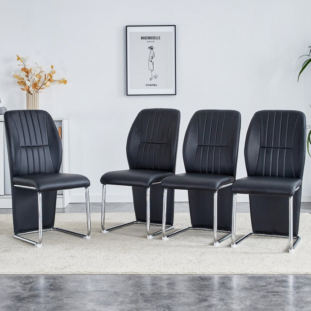 English Elm 2-pack Black Pu Leather Dining Chairs with Angled Silver Metal Legs Modern Set Black+Silver W1151P303600
